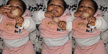 8Months old baby stir reactions as she consume chicken online 