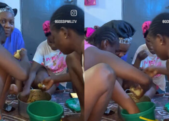 A video of 4 girls eating from the pot trends