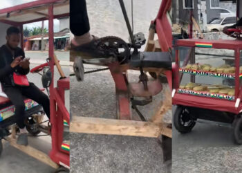 “Ingenious Nigerian Man Crafts Wooden Bicycle to Hawk Snacks: Viral TikTok Video Showcases Creativity”