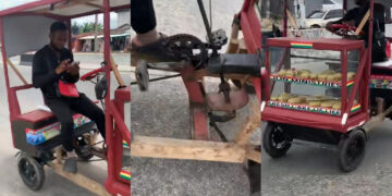 “Ingenious Nigerian Man Crafts Wooden Bicycle to Hawk Snacks: Viral TikTok Video Showcases Creativity”