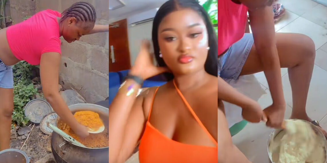 A Nigerian lady showcased her skills by cooking jollof rice and preparing semo during her visit to her boyfriend‘s family house.