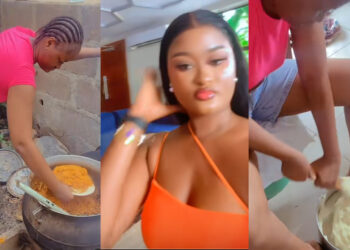 A Nigerian lady showcased her skills by cooking jollof rice and preparing semo during her visit to her boyfriend‘s family house. 