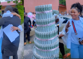 Video goes viral as Boyfriend surprise fiance with money bouquet on her Sign out day 