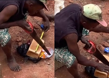 Man Goes Viral As He measure And Cut Loaf Of Bread WITH Saw 