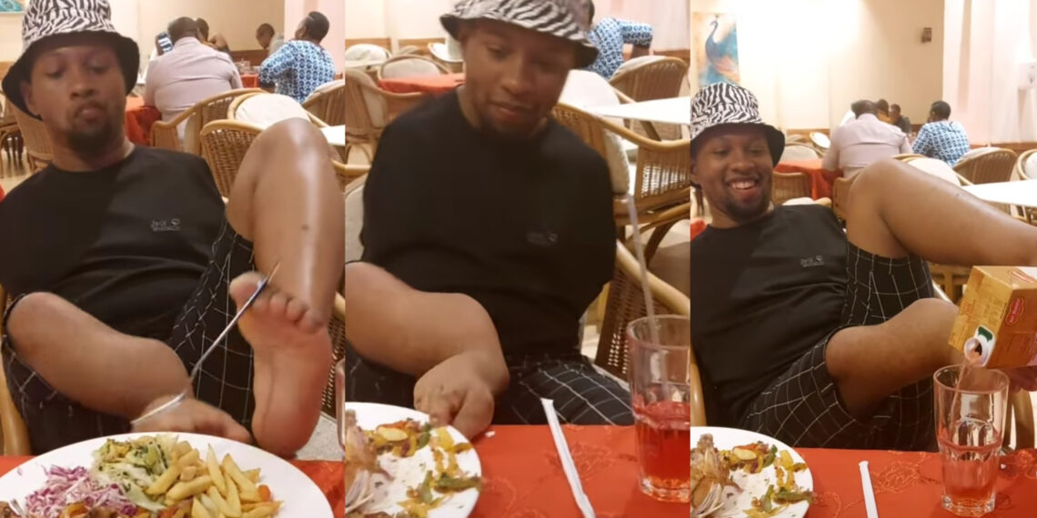 Heartwarming Moment: Without Arms Young Man  Enjoys Meal Using His Feet