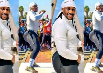 Hilarious reactions as a man with a nice body shape, raised eyebrows with his trending photos 