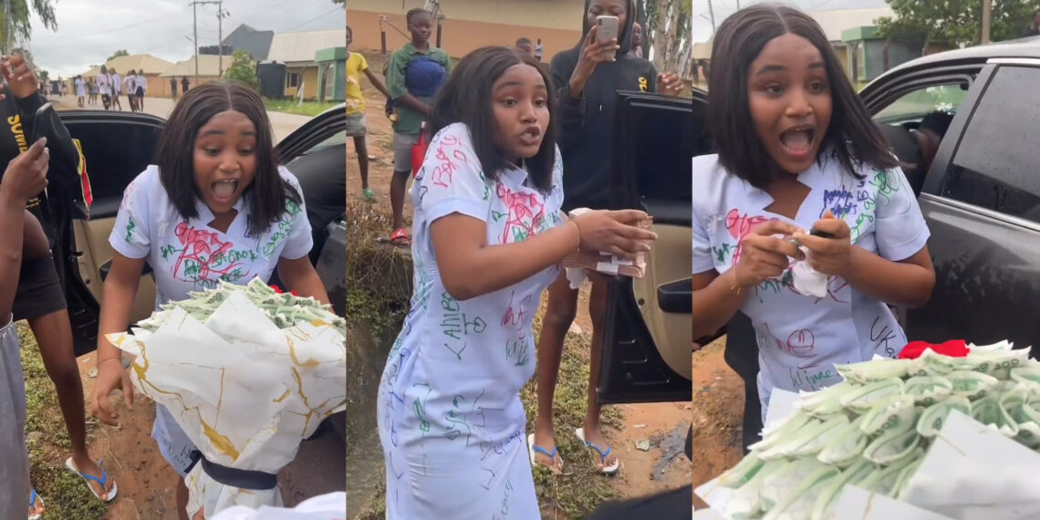 Nigerian big boy surprises his Girlfriend’ on her Sign out day with Cash, flower Bouquet and a lot of gifts