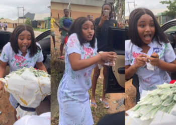 Nigerian big boy surprises his Girlfriend’ on her Sign out day with Cash, flower Bouquet and a lot of gifts