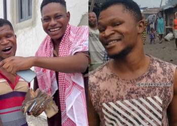 After signing a contract deal with echo hotel, content creator Sam Ovee gifted Alax Evalsam ‘Na whaooo’ N3million  to stop hawking his fish pie on the street 