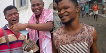 After signing a contract deal with echo hotel, content creator Sam Ovee gifted Alax Evalsam ‘Na whaooo’ N3million  to stop hawking his fish pie on the street 