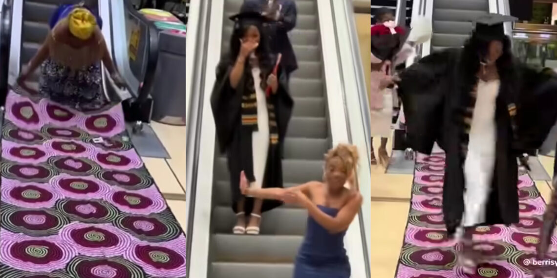 “Law Graduate’s Grand Welcome: Family Lays Down Cloth on Escalator for Her Triumphant Walk”