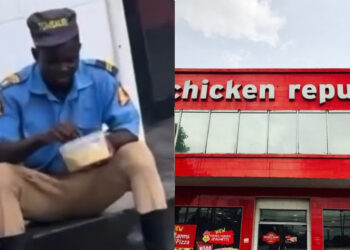 Security man captured in trending video eating Garri in front of chicken republic restaurants melt heart