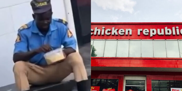 Security man captured in trending video eating Garri in front of chicken republic restaurants melt heart