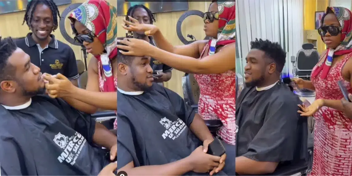 “See true love”-Reactions as Veekee James instructs barber on how to cut her husband’s hair