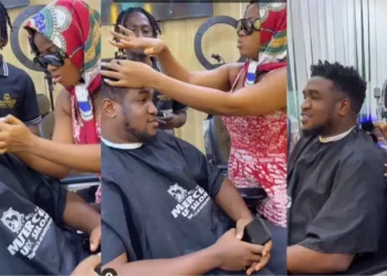“See true love”-Reactions as Veekee James instructs barber on how to cut her husband’s hair