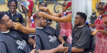 “See true love”-Reactions as Veekee James instructs barber on how to cut her husband’s hair