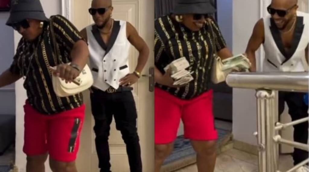 Charles Okocha’s mom mad Nigerians laugh with her joyful reactions after actor sprays her bundles of Naira notes