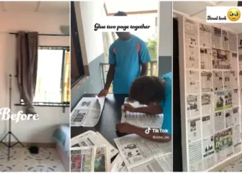 Viral Video Of Nigerian Lady That Uses Old Newspapers As Wallpapers
