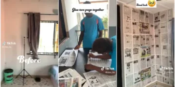 Viral Video Of Nigerian Lady That Uses Old Newspapers As Wallpapers