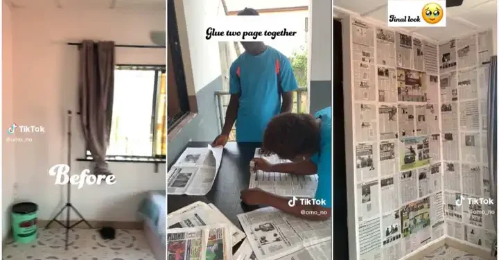 Viral Video Of Nigerian Lady That Uses Old Newspapers As Wallpapers
