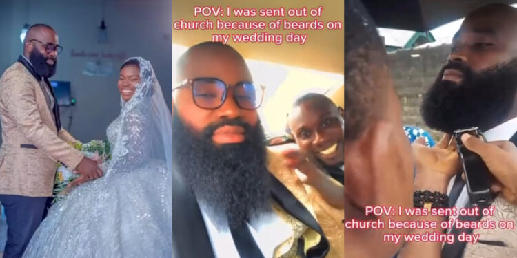 Nigerian man was sent out of church on his wedding day because of his beards video goes viral as he rush to barb it so that he can continue his wedding. 