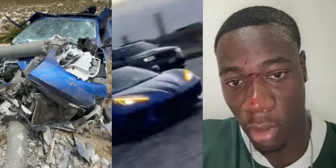 Nigerian man cries river, seek for help as he achieve a debt of N400Million after crashing a rented sports car engaging in an illegal race in Lagos.,thank God he his alive