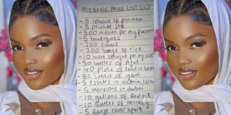 Lady Raised Eyebrows in a Viral Post Demands 5 Dubai Mansions , 2 Tesla Cars , 200 Cows , 5 Private Jets For her6bride price