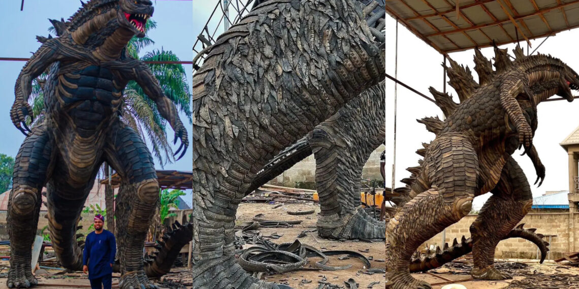 Popular Nigerian sculptor, named Toyeeb Ajayi used  tires to make a magnificent Godzilla Sculpture, standing tall at an impressive height of 24 feet.