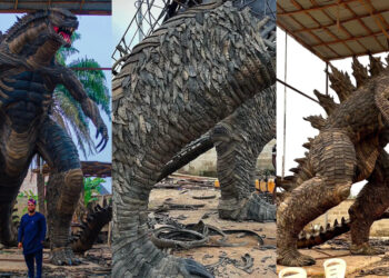 Popular Nigerian sculptor, named Toyeeb Ajayi used  tires to make a magnificent Godzilla Sculpture, standing tall at an impressive height of 24 feet.