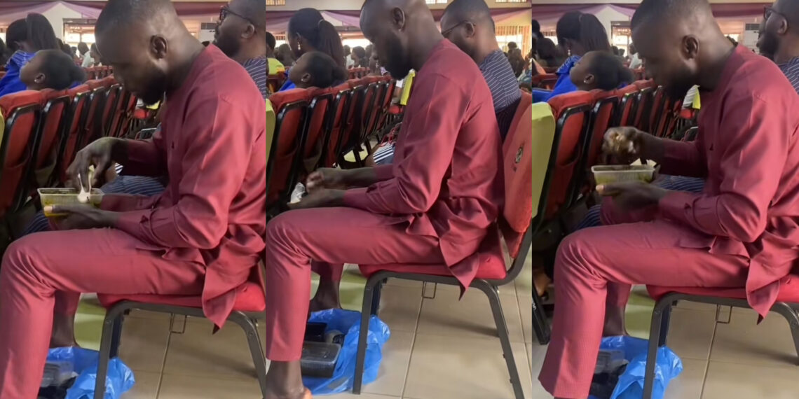 In An unusual moment, man was captured in a trending video eating pounded yam and soup on a Sunday service.