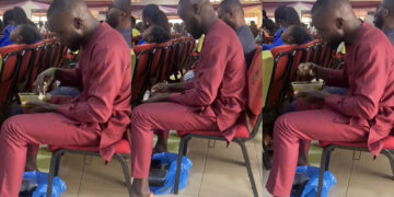In An unusual moment, man was captured in a trending video eating pounded yam and soup on a Sunday service. 