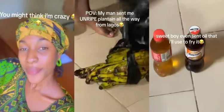 A Nigerian woman’s reaction to her boyfriend’s unusual gift – unripe plantains from Lagos – has gone viral