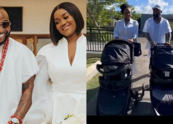 Davido and wife Chioma step out with their twins for the first time, as they celebrate their first birthday
