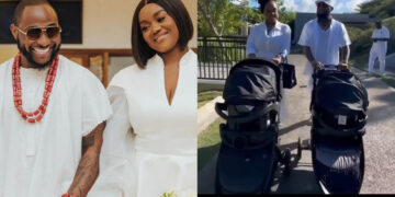 Davido and wife Chioma step out with their twins for the first time, as they celebrate their first birthday