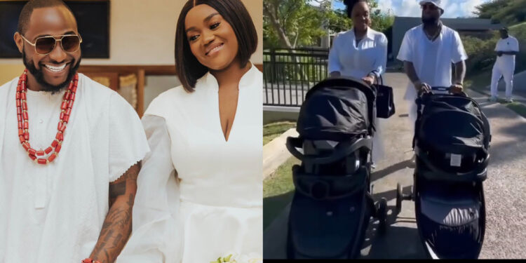 Davido and wife Chioma step out with their twins for the first time, as they celebrate their first birthday
