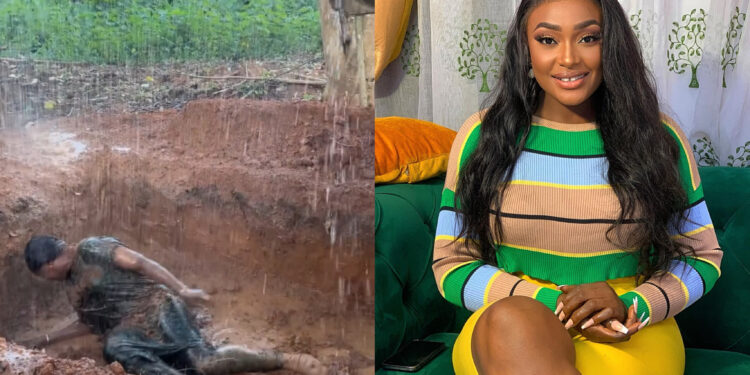 “Person never watch film e wan dey cry” emotional  moment Nollywood actress lizzy gold getting buried alive  in a movie clip.