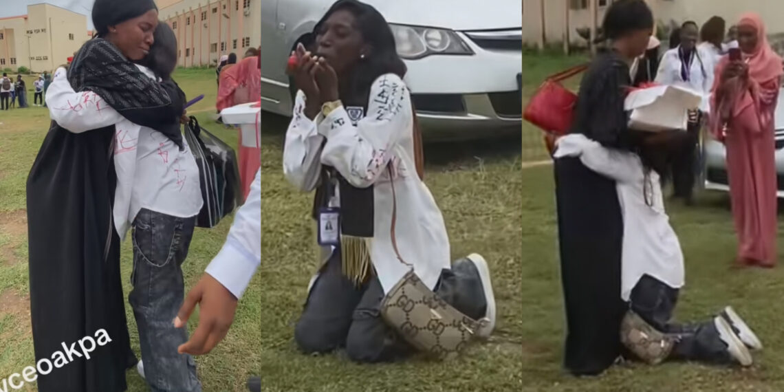 Na only you be father, na only you be mother, Aunty thank you. Latest university graduate goes emotional as he goes on her knees showering prayers on her aunty who stood by her all through her education.
