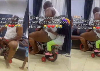 “This bicycle strong pass National grid” – Wife laments as she walks in to see her husband, who was always serious, riding a kids’ bike with their children.
