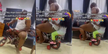 “This bicycle strong pass National grid” – Wife laments as she walks in to see her husband, who was always serious, riding a kids’ bike with their children.