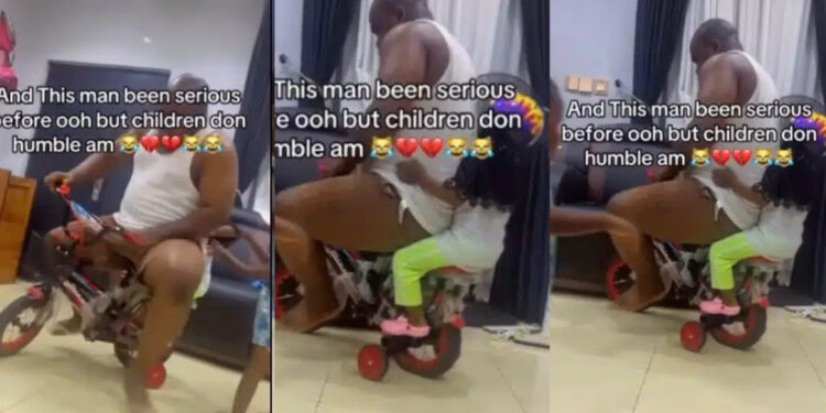 “This bicycle strong pass National grid” – Wife laments as she walks in to see her husband, who was always serious, riding a kids’ bike with their children.