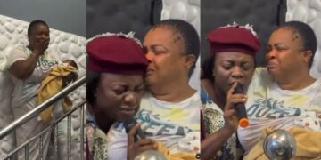 CONGRATS! Emotional moment gospel singer Yinka Alaseyori serenades actress Dayo Amusa who gave birth to her first child at 41 years (Video)