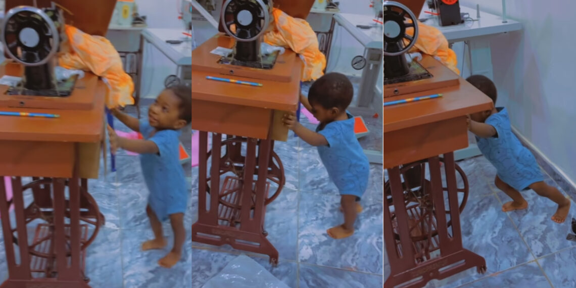 Nigerian Mom Surprised as her Son Pushes Heavy Sewing Machine with no stress