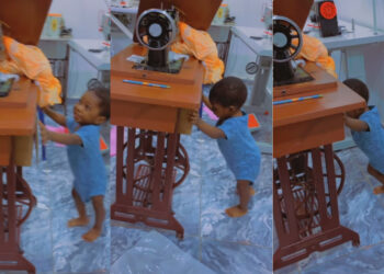 Nigerian Mom Surprised as her  Son Pushes Heavy Sewing Machine with no stress 