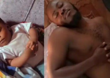 “No DNA needed” Nigeria Mother left surprised as her son adopts the same sleeping style as his father