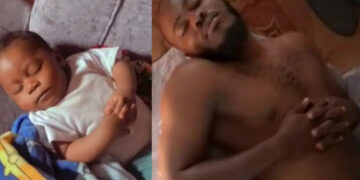 “No DNA needed” Nigeria Mother left surprised as her son adopts the same sleeping style as his father