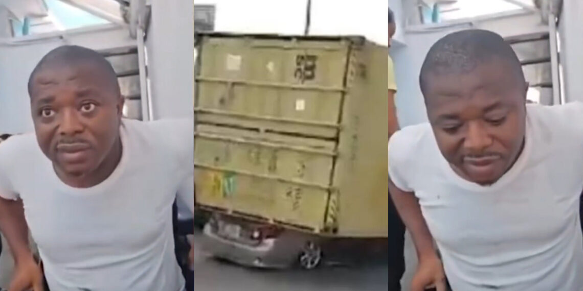 Meet the man that cheated death, as he survived an accident with a trailer that fell on top his vehicle At Mile 2 area of Lagos state Nigeria.