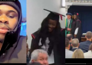 “After paying thousand of pounds for your woman school fee in the UK and they expect you to be quiet in the graduation ceremony” Moments as a proud Nigerian Man goes wild as he Cheers on His Lover During Graduation Ceremony
