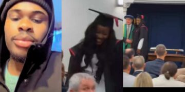 “After paying thousand of pounds for your woman school fee in the UK and they expect you to be quiet in the graduation ceremony” Moments as a proud Nigerian Man goes wild as he Cheers on His Lover During Graduation Ceremony