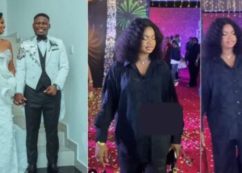 “He’s not romantic at all” – Comedian Kamo State dr@gged online for leaving his newlywed wife to walk by herself at Funke Akindele movie premiere (Video)