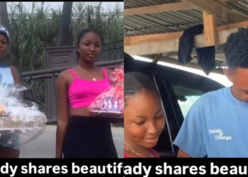 Lady wins hearts of many as she shares a beautiful moment she surprises her boyfriend at his work place with plenty of gift 